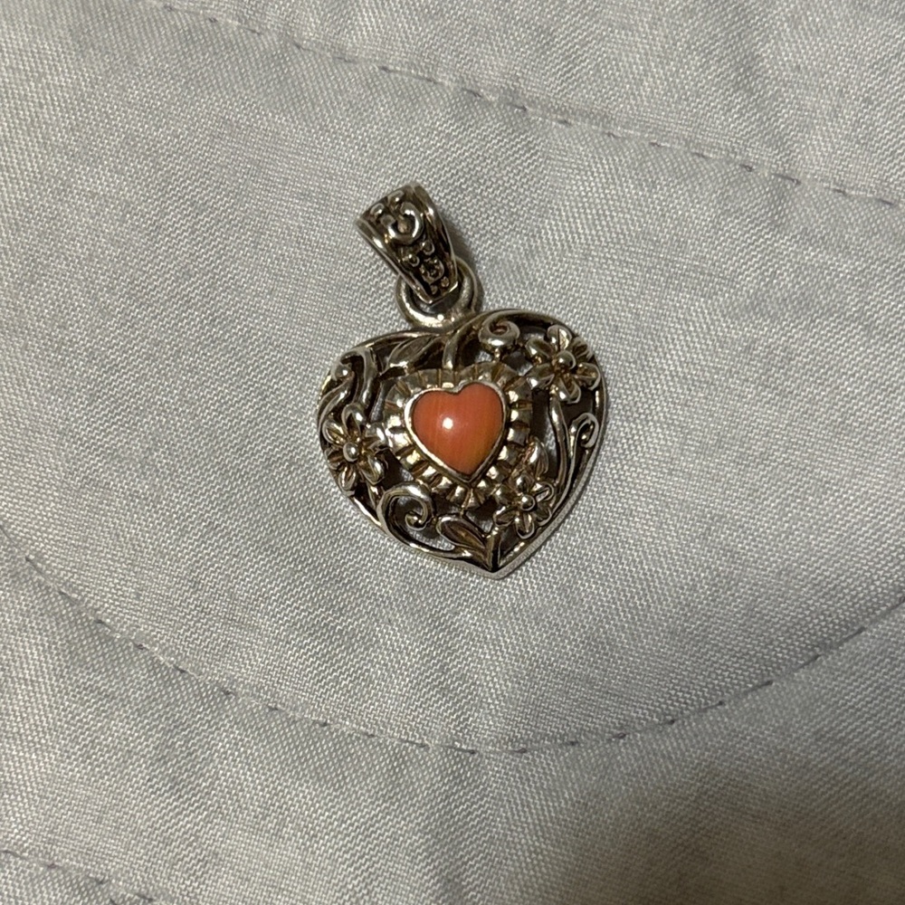Ornate Silver Heart Pendant Coral Center